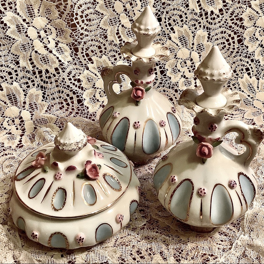 Antique Japan marked Vanity Set powder dish, perfume excellent  condition roses